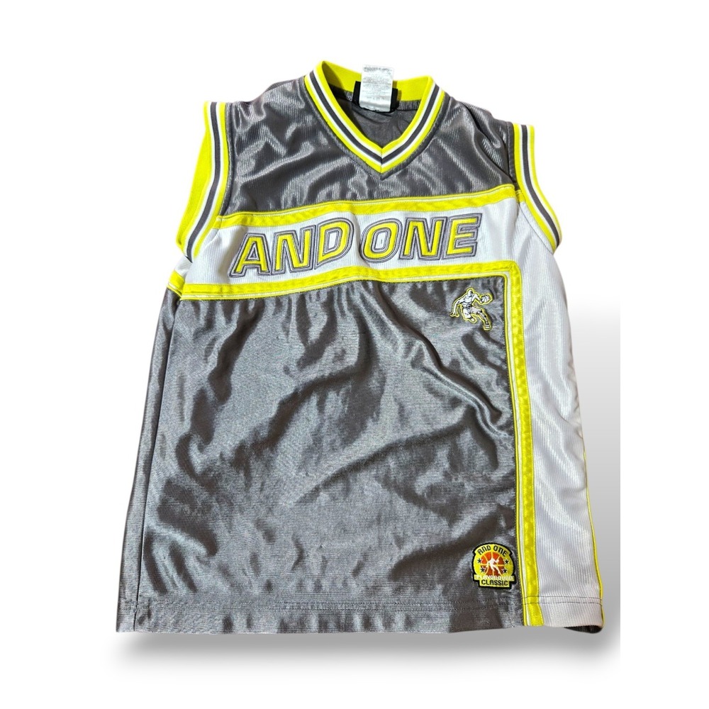 VTG/90s AND1 Playground Classic Basketball Jersey Shirt Silver Yellow‎ Boy M